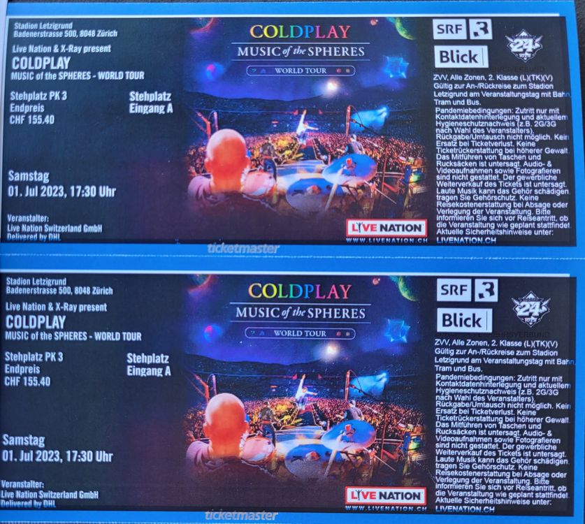 2x COLDPLAY Stehplätze Zürich Samstag 01 07 2023 Kaufen auf Ricardo