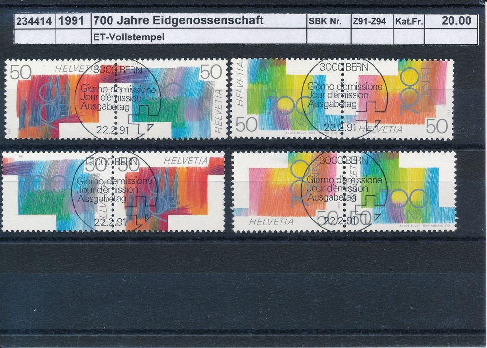 1991 ET Vollstempel 700 Jahre Eidgenossenschaft Paare Kaufen Auf