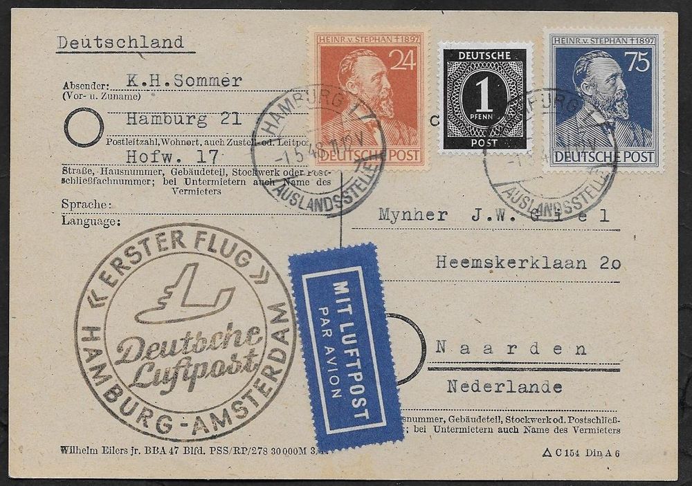 1948 Luftpost 1 Flug O Hamburg Amsterdam Top Frank Ab 1 Kaufen