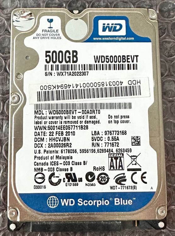 Western Digital WD5000BEVT Scorpio Blue Defekt Acheter Sur Ricardo