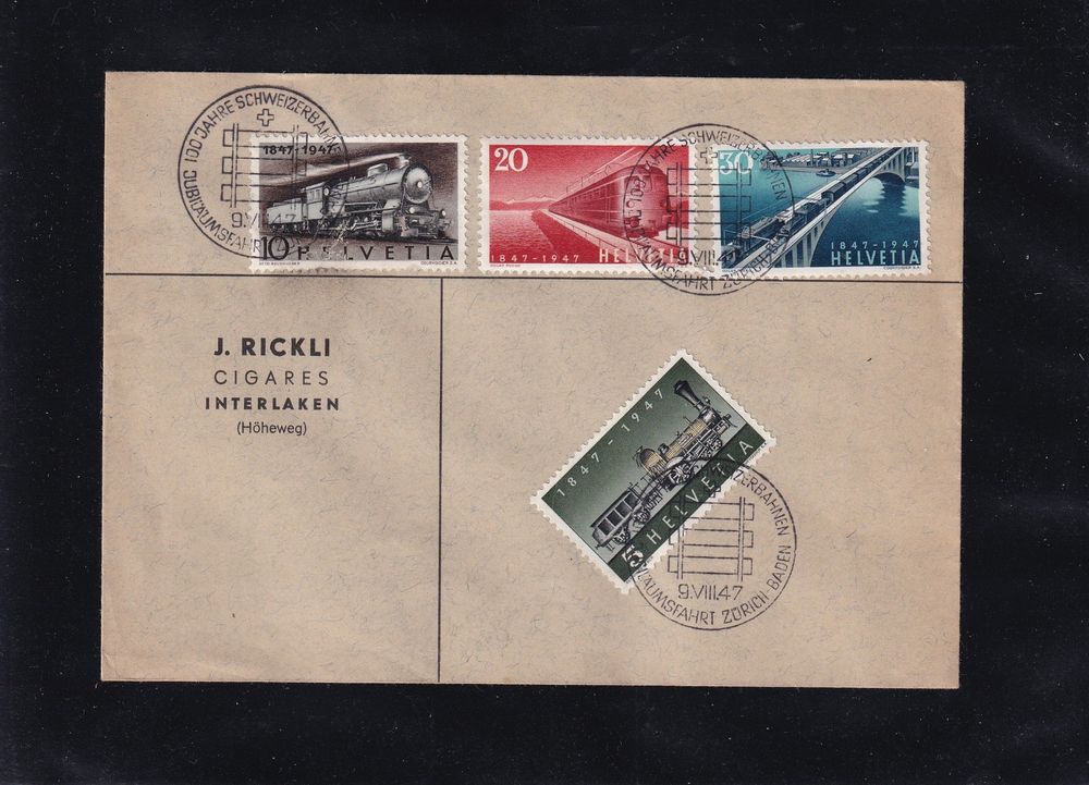 100 Jahre CH Bahnen 1947 FDC Rickli Cigares Interlaken Kaufen Auf