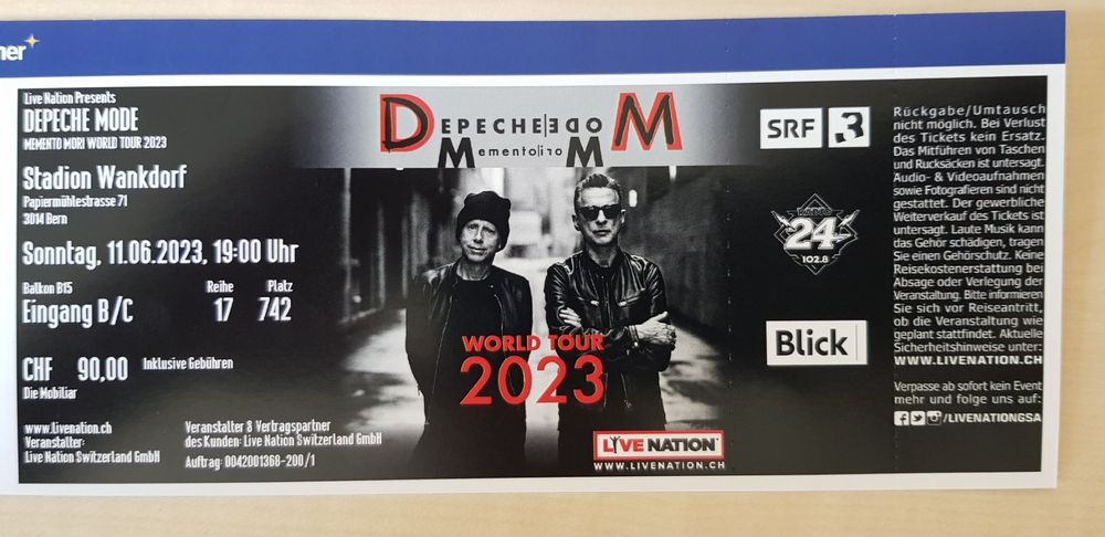 Depeche Mode World Tour 2023 Ticket Bern 11 06 2023 Kaufen Auf Ricardo