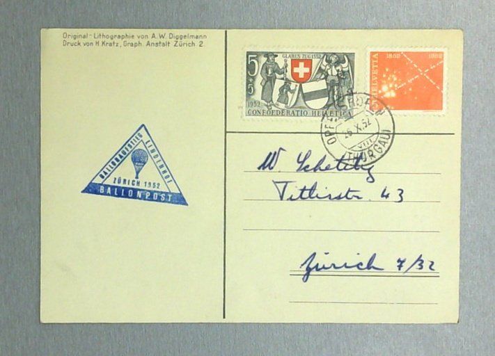 Ballonaufstieg m Stempel Ballonpost Lindenhof Zürich 1952 Kaufen auf