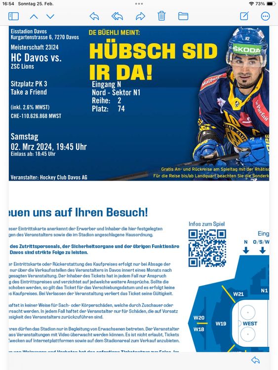 Zwei Sitzplatzticket Spiel Davos ZSC Kaufen Auf Ricardo