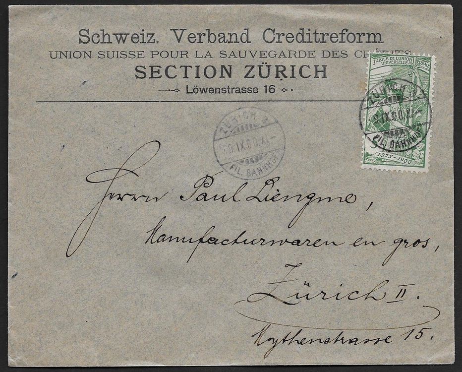 1900 Firmen Brief bedruckt Zürich o UPU 77B tadellos ab 1 Kaufen