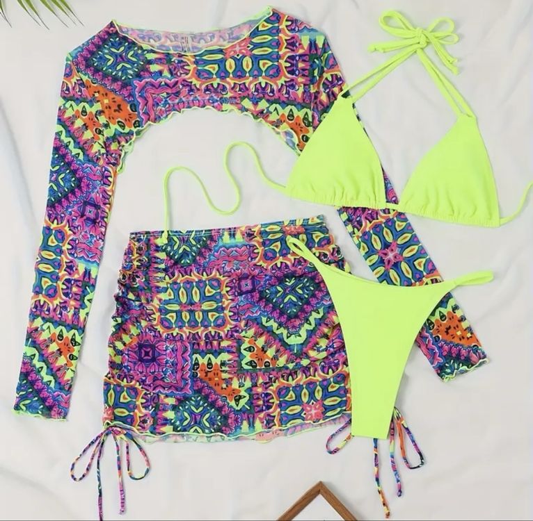 Neon Bikini Set 3 teilig Gr S bunt Festival Sommer Strand Neu gemäss