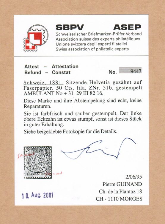 Si Helvetia Nr 51 Faserpapier Attest Guinand Kaufen Auf Ricardo