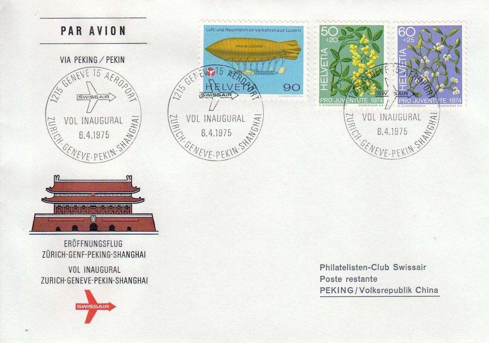 1975 Eröffnungsflug Zürich Genf Peking Shanghai 6 4 1975 Kaufen auf