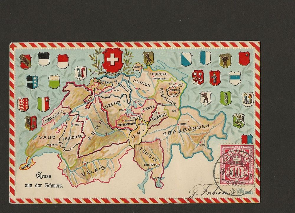 1904 Gruss aus der Schweiz Prägekarte Kantone Karte selten Kaufen auf