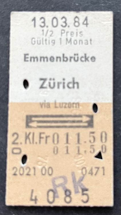 Emmenbrücke Zürich via Luzern Billett 1984 Kaufen auf Ricardo