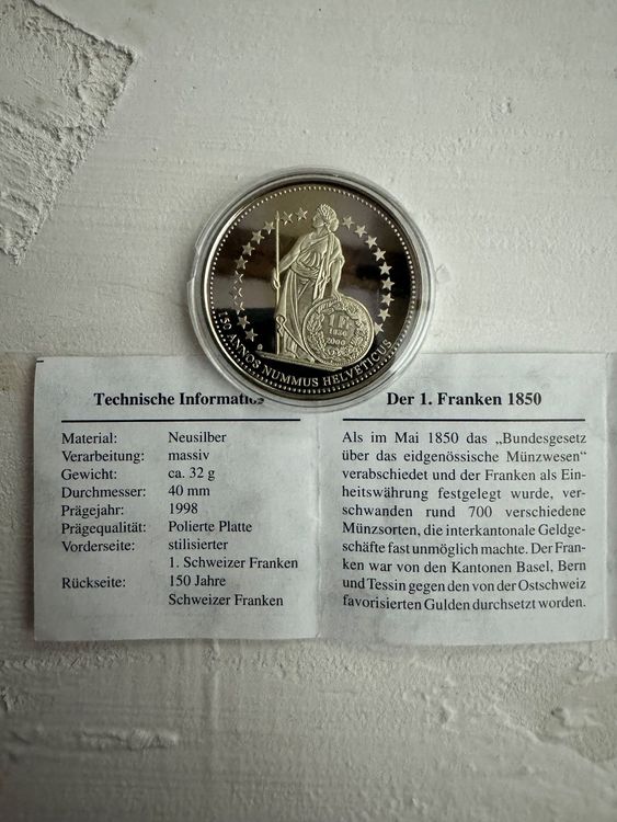 150 Jahre Schweizer Franken Der Erste Franken 1850 Pp Kaufen Auf