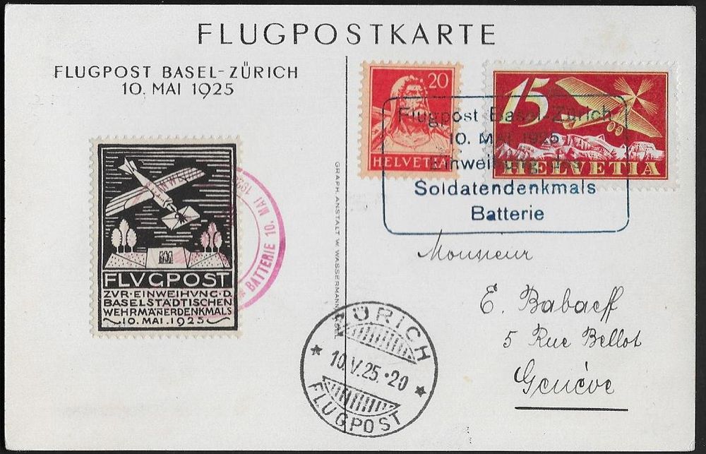 1925 Flugkarte Basel Zürich F3 Tell Nr 158 VIGNETTE ab 1 Kaufen