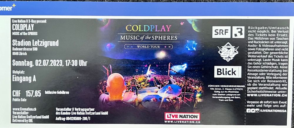 Coldplay Ticket Stehplatz 02 07 2023 Letzigrund Zürich Kaufen auf