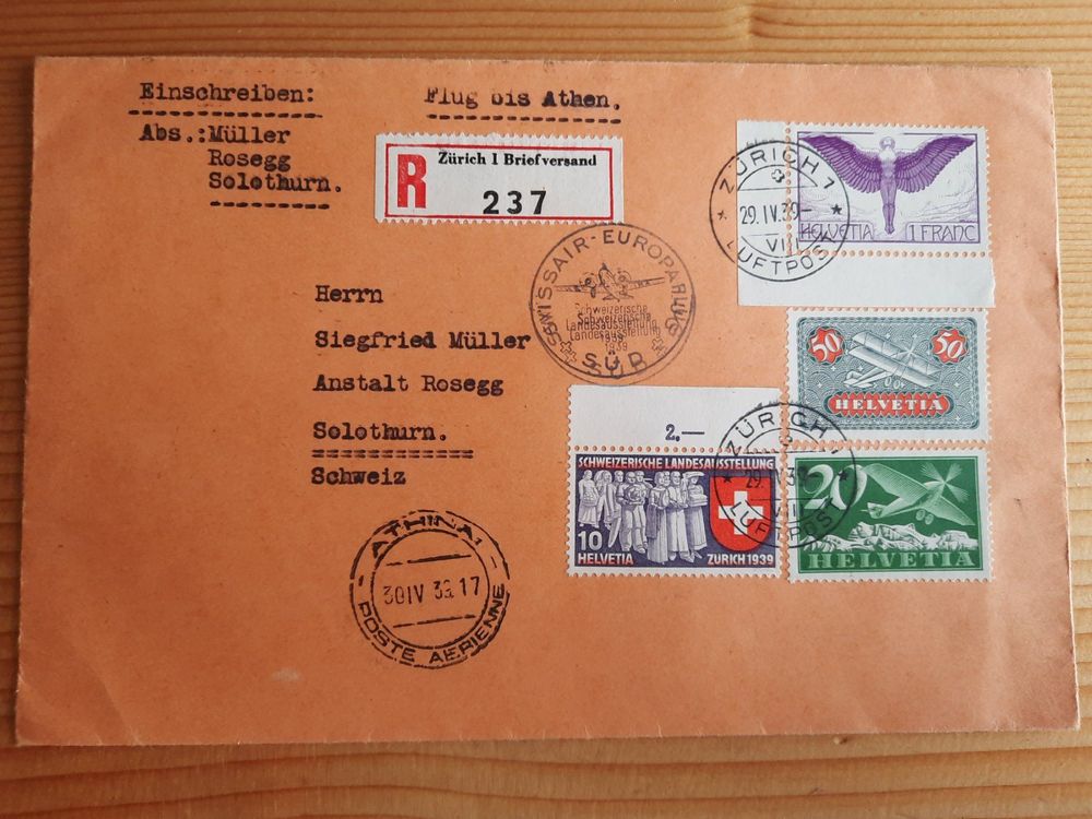 Swissair Europaflug Süd R Brief Zürich Athen 1939 gem Bild Kaufen