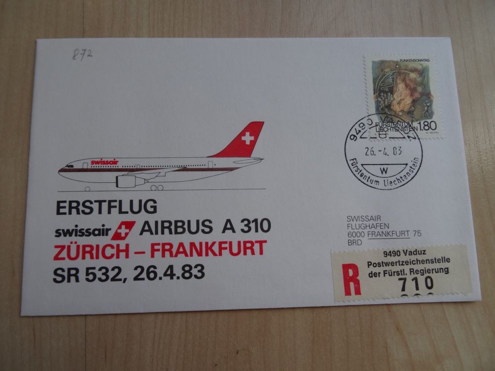 Flugpostbrief Swissair 26 4 83 Zürich Frankfurt ErstflugA310 Kaufen