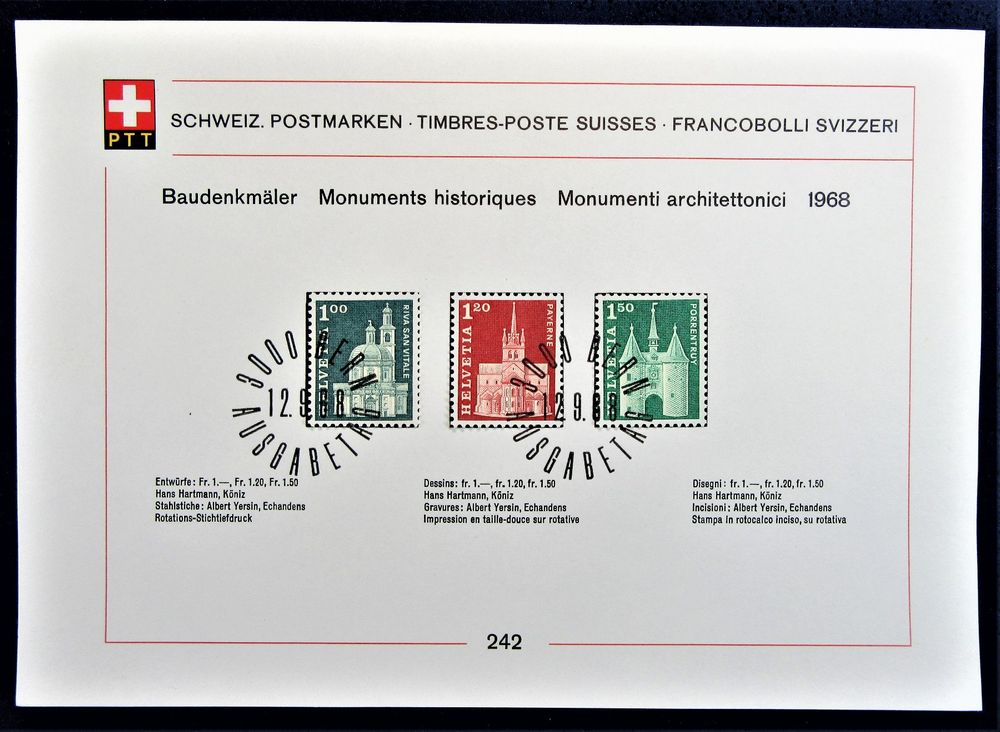 PTT SCHWEIZ POSTMARKEN BAUDENKMÄLER 1968 SAMMELBLATT FALTZ Kaufen auf