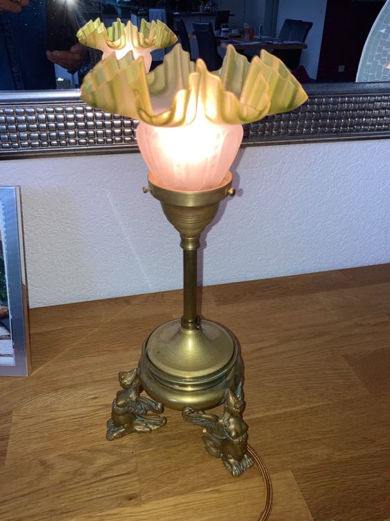 Tischlampe Jugendstil Antik Messing Gr Nes Jugendstilglas Kaufen Auf