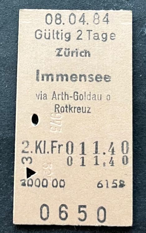 Zürich Immensee via Arth Goldau o Rotkreuz Billett 1984 Kaufen auf