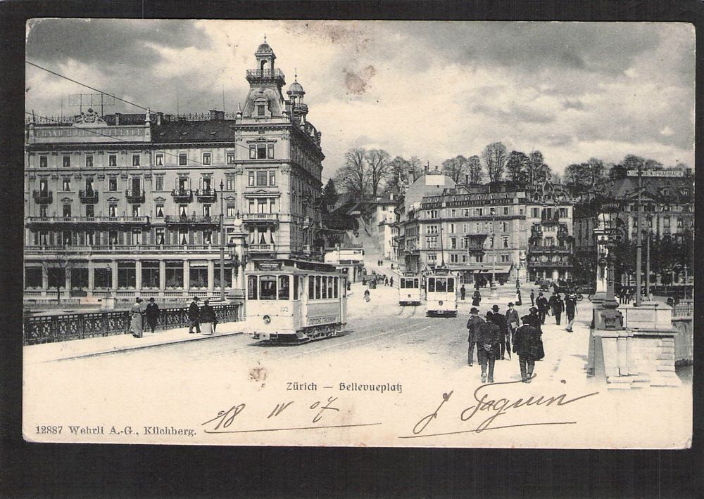 Zürich Bellevueplatz belebt Trams gel 1907 Kaufen auf Ricardo