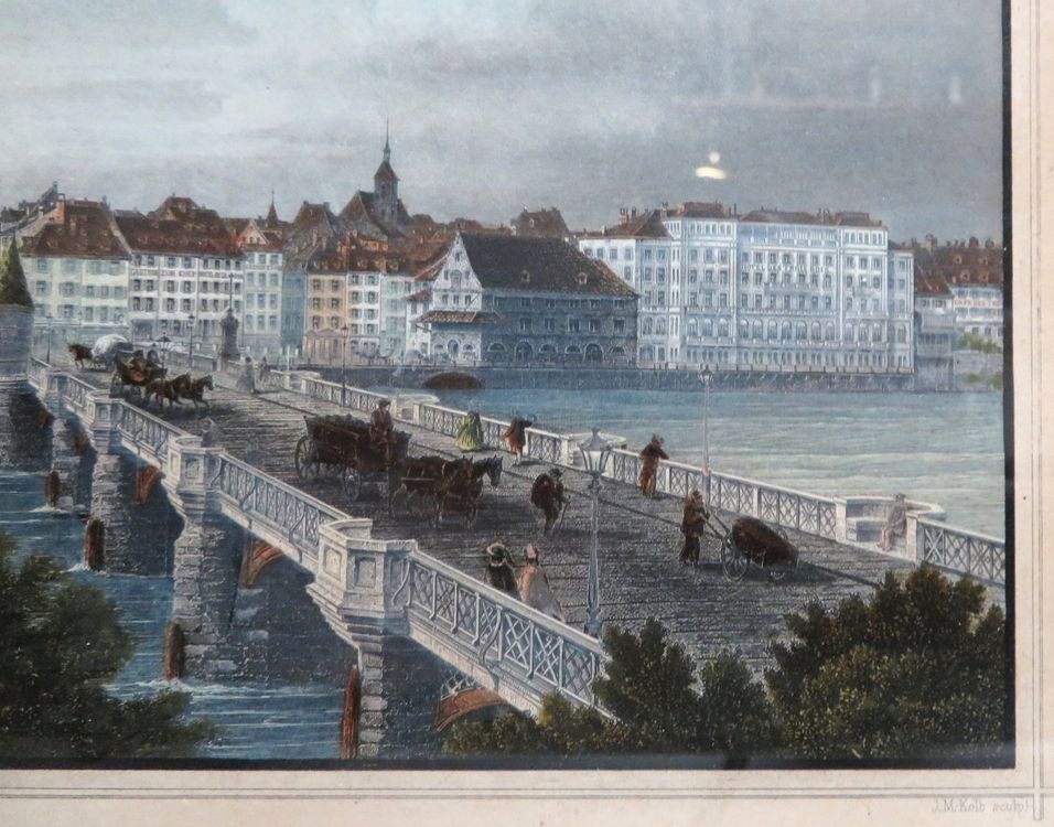 Stich antik Basel mit Rheinbrücke von Rohbock handkoloriert Kaufen