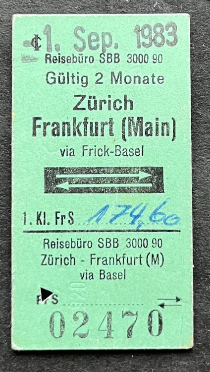 Zürich Frankfurt Main via Frick Basel 1 Klasse 1983 Kaufen auf