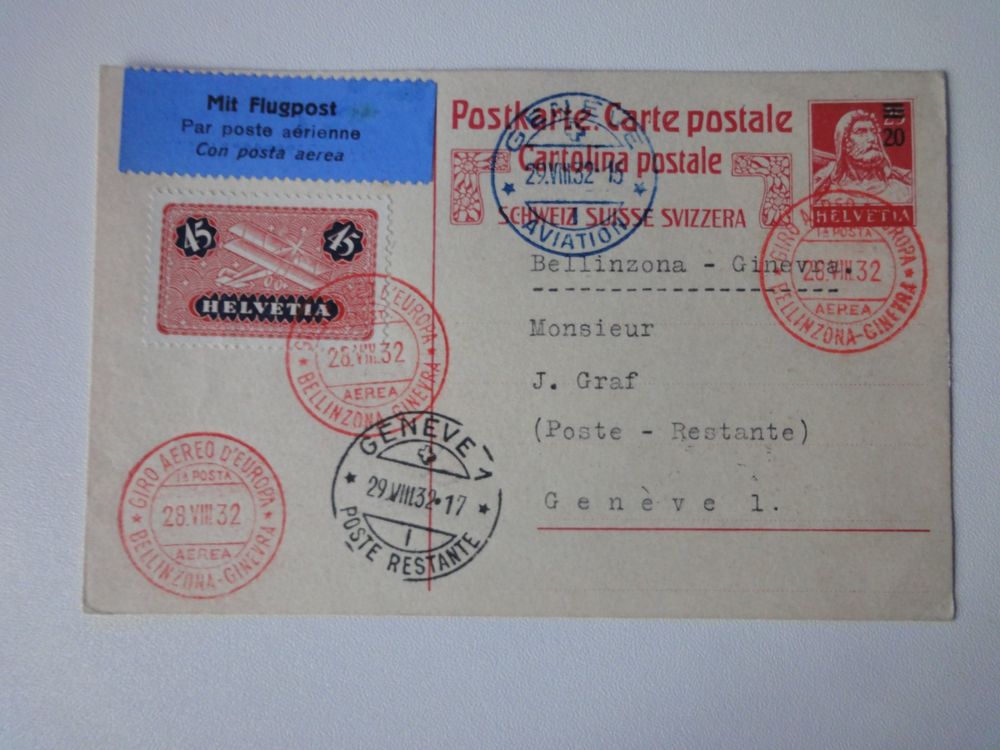 125 Postkarte Flugpost Genève Bellinzona 1932 Kaufen auf