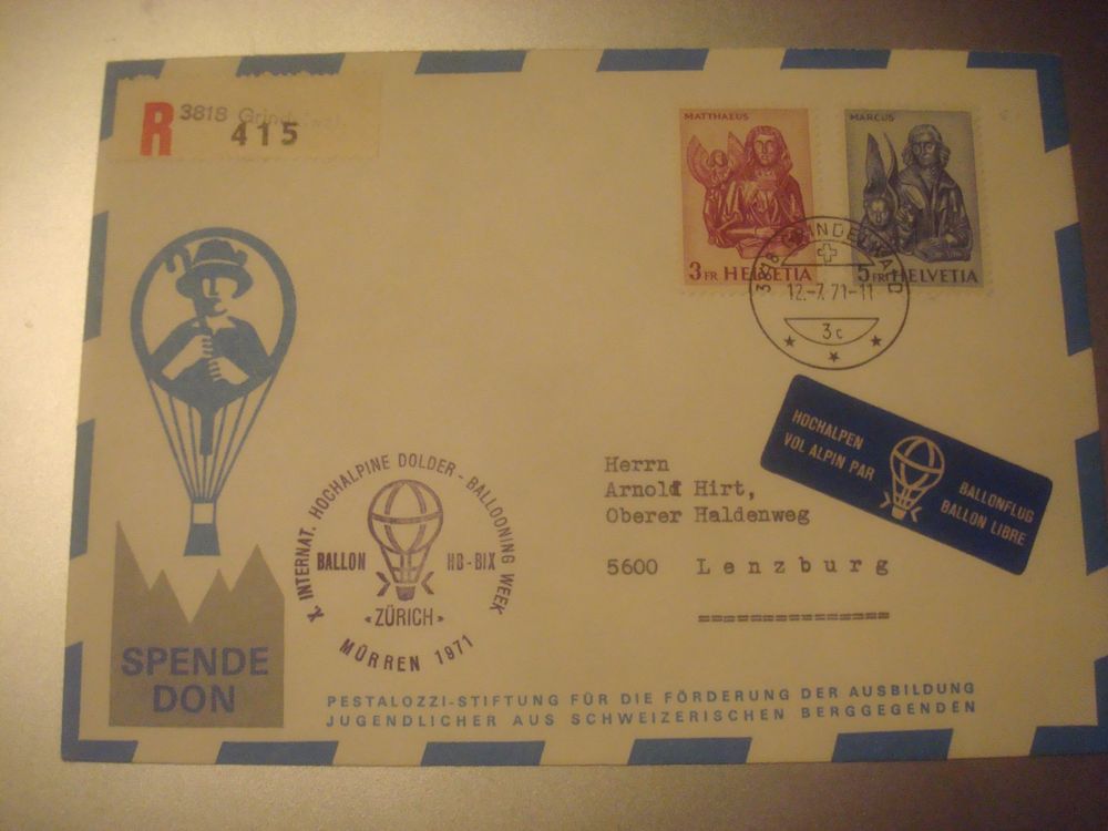 Ballonpost FLUG Stempel Grindelwald 1971 Kaufen Auf Ricardo