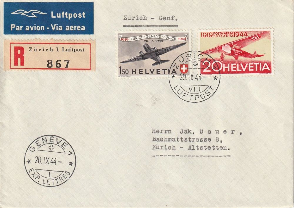 Pro Aero 1944 portogerechter R Brief der Etappe Zürich Genf Kaufen