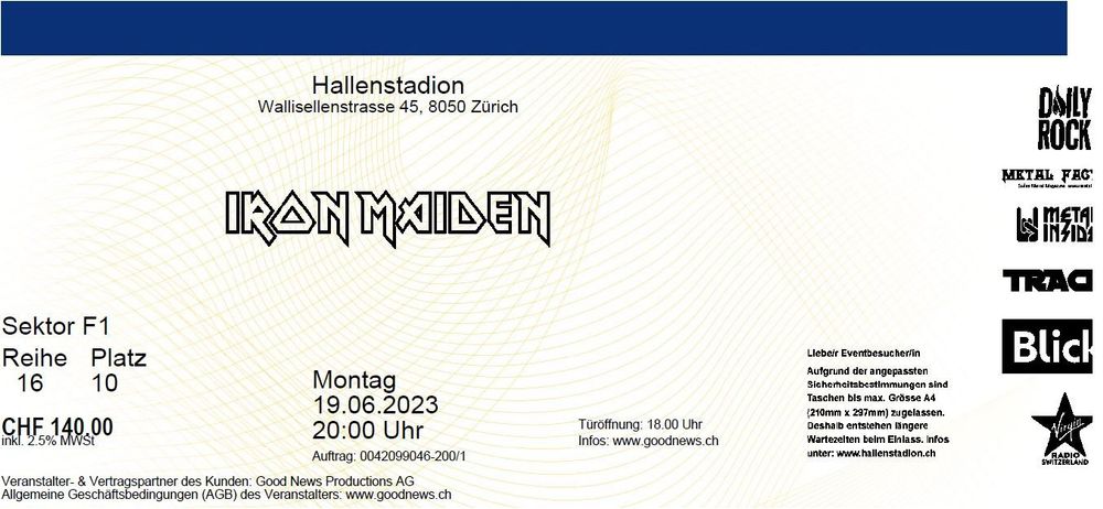 Iron Maiden Ticket 1 Top Sitzplatz 19 6 23 Zürich Kaufen auf Ricardo