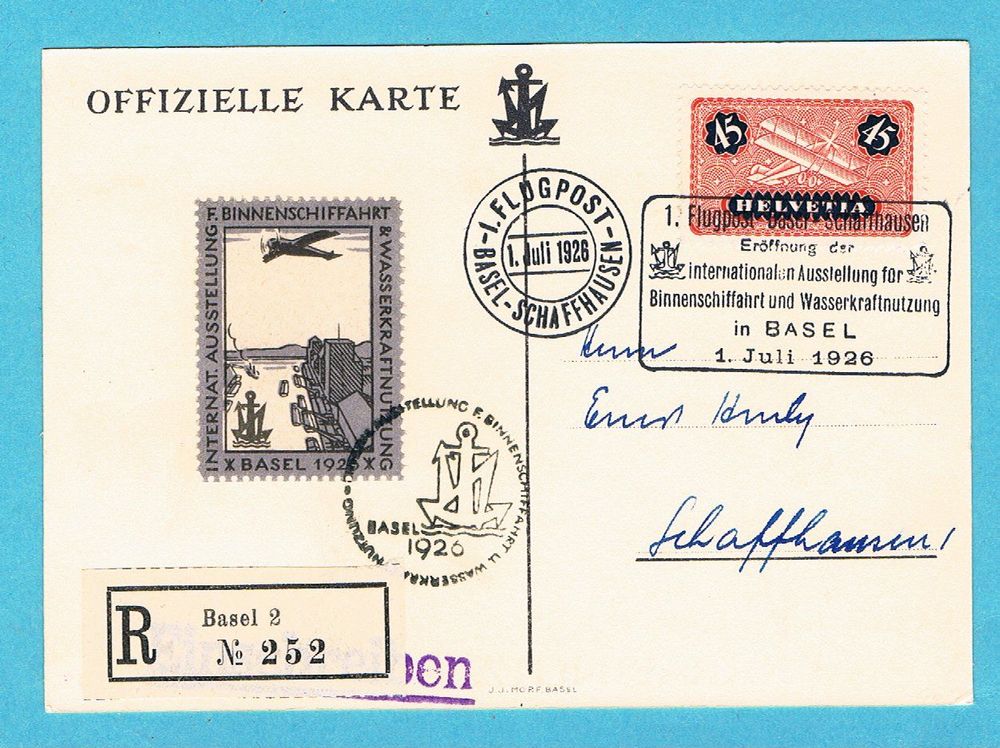 1 Flugpost BASEL SCHAFFHAUSEN 1 Juli 1926 R OK Vig F8 Kaufen Auf