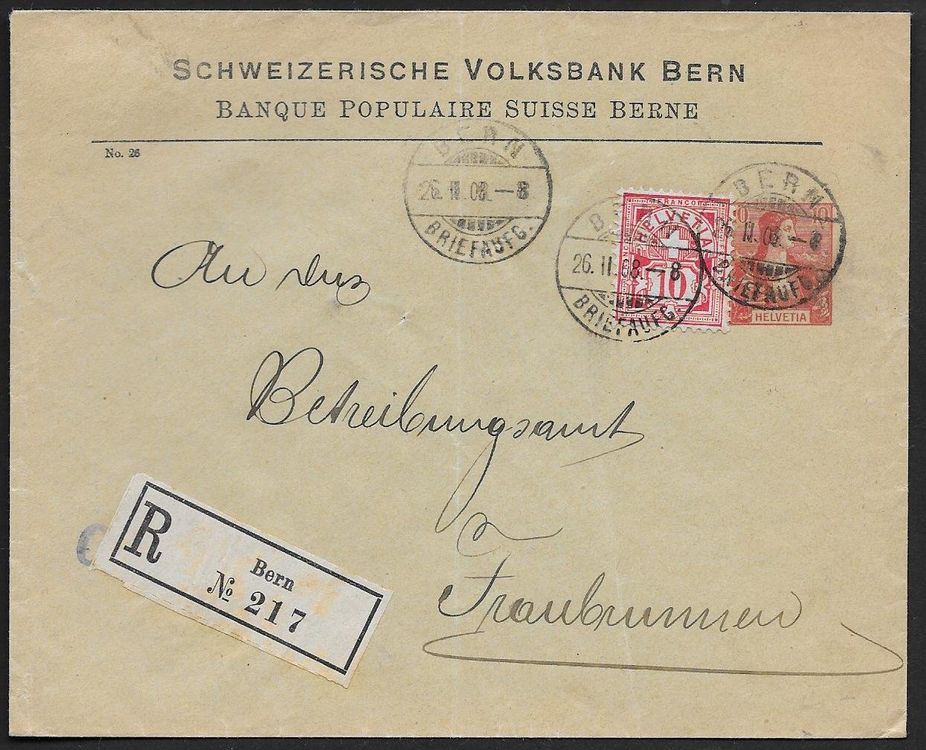 1908 R GS Bank Brief 10c Bern Zusatzfrank Ziffer Ab 1 Kaufen