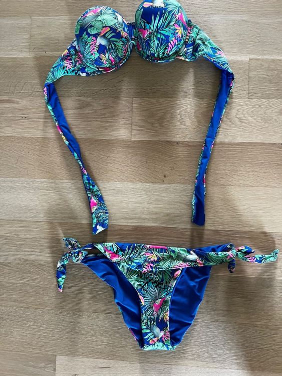 Bikini Floran Vögel Birs blau bandau 42 L Badekleid Set Gebraucht in