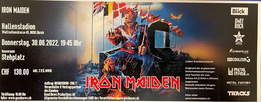 Iron Maiden Tickets X Stehplatz Zh Kaufen Auf Ricardo