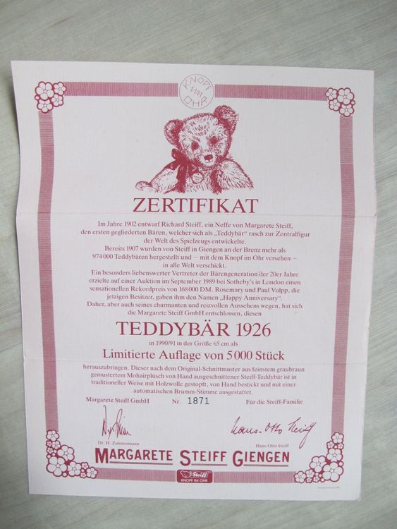 Steiff Teddybär Happy Anniversary mit Zertifikat und OVP Kaufen auf