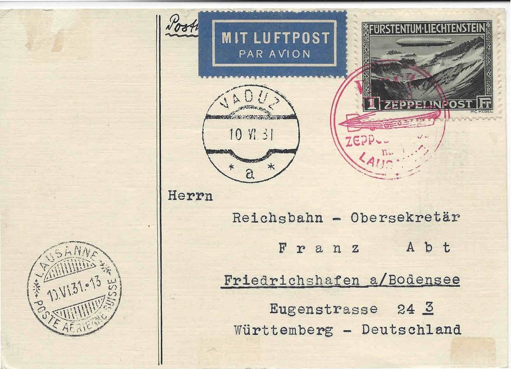 Vi Zeppelin Flug Postkarte Vaduz Nach Lausanne Acheter Sur