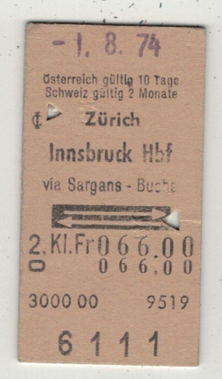 Billet De Train SBB CFF Zurich Innsbruck Via Sargans Kaufen Auf Ricardo