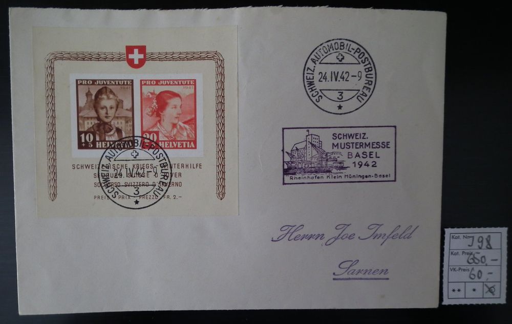 1942 Pro Juventute Block Auf Brief Stempel Mustermesse Kaufen Auf Ricardo