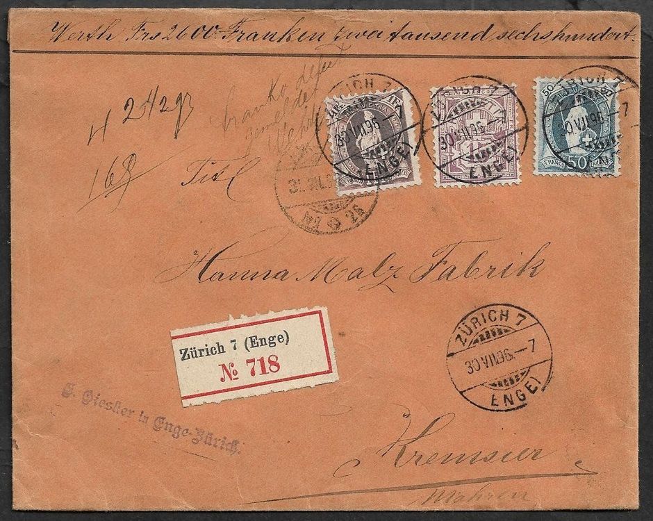 1896 CHARGE Zürich MISCH Frankatur Porto 1 65 selten ab 1 Kaufen