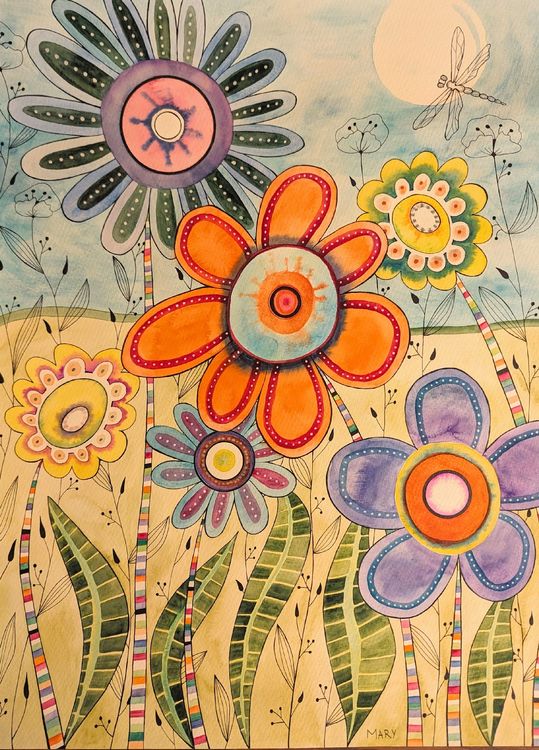 Original Aquarell Blumenwiese Fantasie Blumen Naive Kunst Kaufen Auf