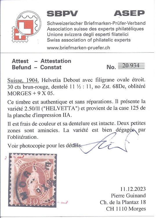 HELVETIA DEBOUT No 68De 2 50 II Avec Attestation Guinand Kaufen Auf