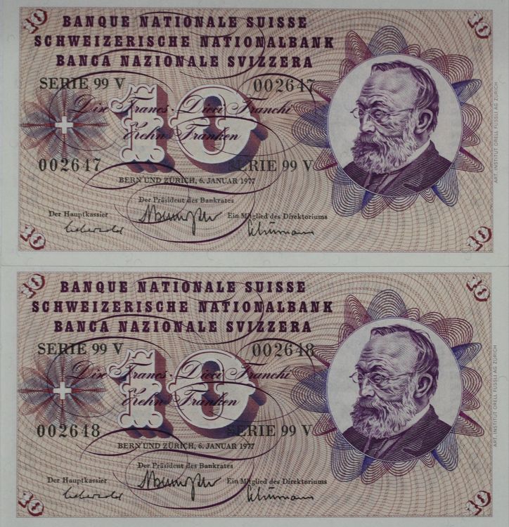 2 X 10 Franken Note 1977 Fast Bankfrisch Kaufen Auf Ricardo