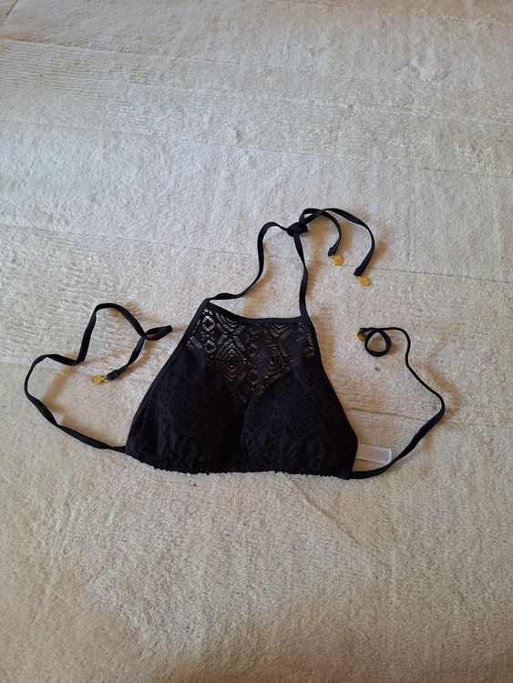 Schwarzes Neckholder Bikini Top mit Spitze Gr 36 Neu gemäss