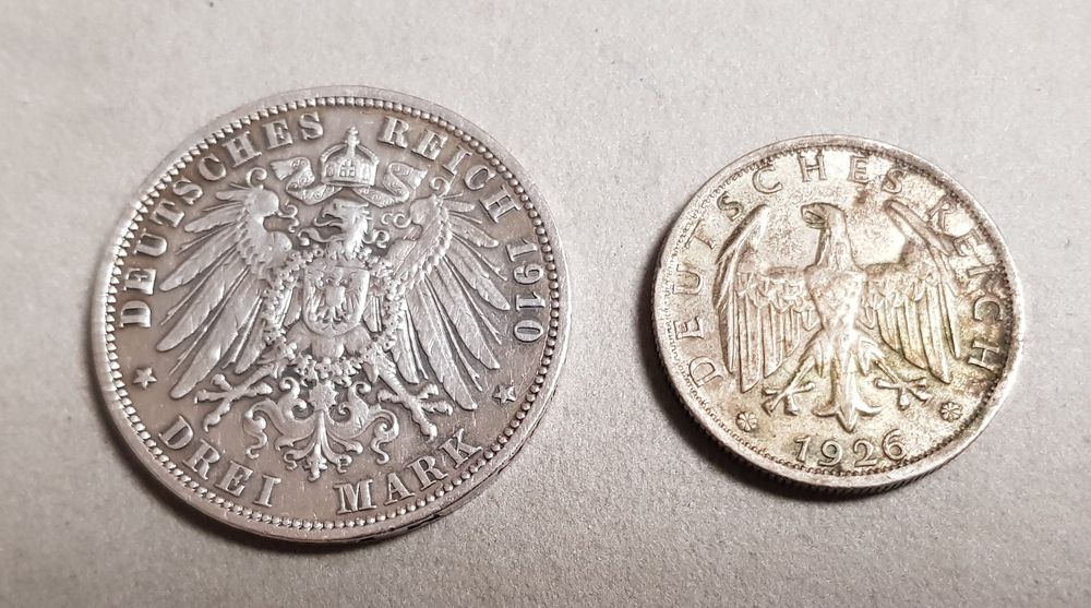 Silber 1 x 3 Mark 1910 König v Preussen 2 Reichsmark 1926 Kaufen