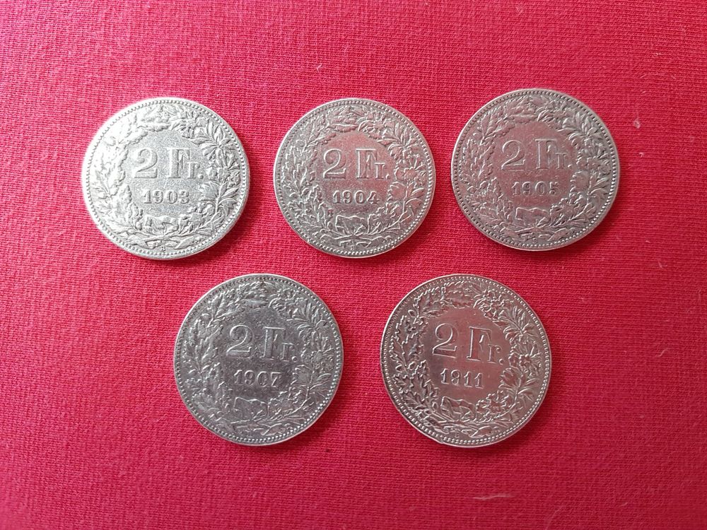 5 x 2 Franken Silbermünzen 1903 04 05 07 11 ab nur 1 Fr Kaufen auf