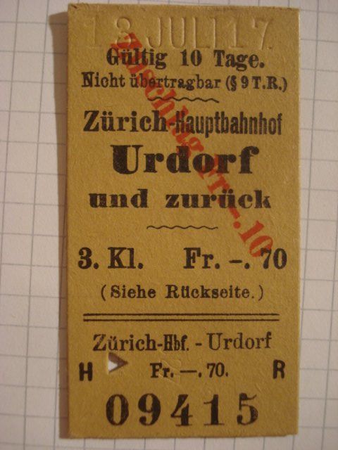 SBB BILLETT 3 Juli 1917 3 Kl Zürich Hbf Urdorf Kaufen auf