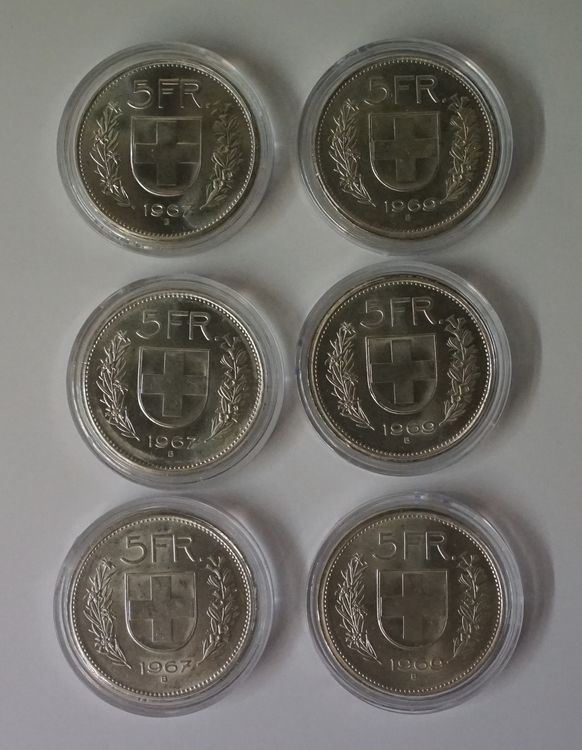 5 Franken Silber Münzen 3 x 1967 und 3 x 1969 6 Stück Kaufen auf