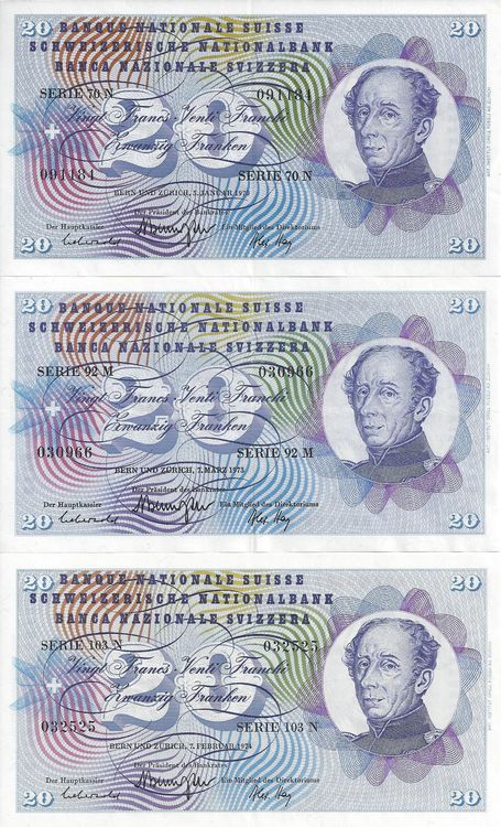 3 sehr schöne Schweizer 20 Franken Banknoten 1970 1973 1974 Acheter