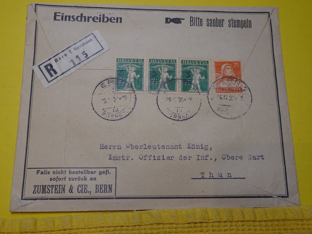 6 IX 39 SPEZIAL BRIEF VON ZUMSTEIN BRIEFMARKEN IN BERN Kaufen Auf