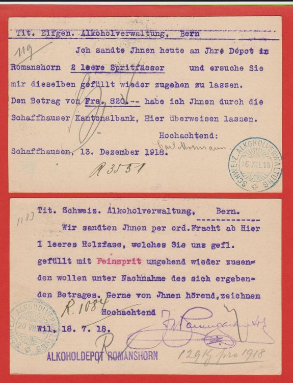 Schweiz Alkoholverwaltung Stempel Auf 2 Postkarten 1918 Kaufen Auf