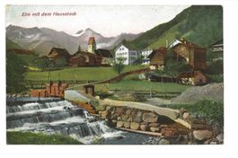 Elm (GL) Dorfpartie mit Kirche - Stauwehr - Hausstock - 1913
